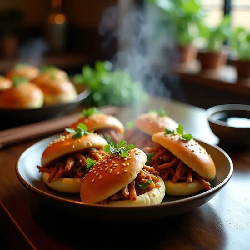Bao buns veganos dorados y esponjosos rellenos de jackfruit y cebolla caramelizada, decorados con cilantro y semillas de sésamo, servidos en una canastilla de bambú sobre fondo oscuro.