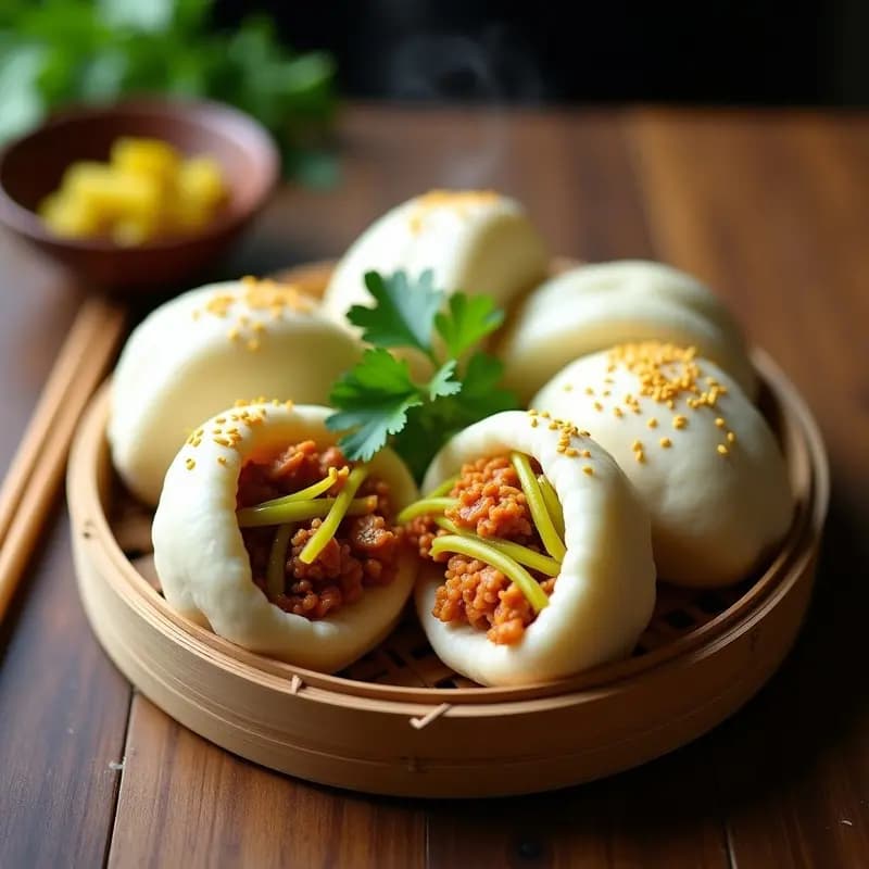 Bao Buns Veganos de Jackfruit y Encurtidos con toque dulce, servidos en una vaporera de bambú sobre mesa de madera. Los buns están abiertos mostrando el relleno dorado de jackfruit desmenuzado, encurtidos de pepino verde y semillas de sésamo. Decorados con hojas de cilantro fresco.