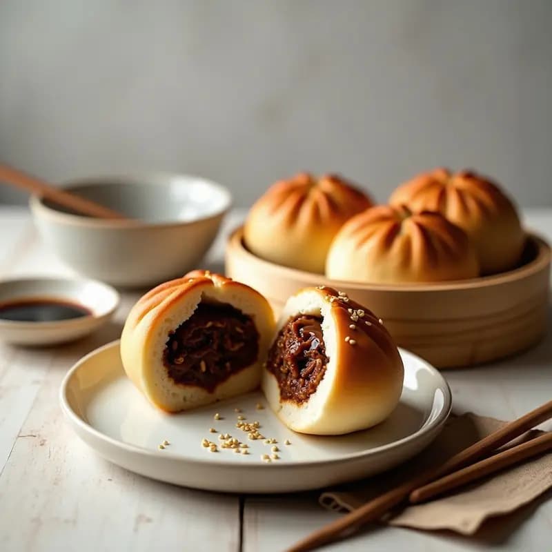 Bao buns veganos de champiñones portobello al vapor, panecillos chinos esponjosos con relleno sabroso de portobello marinado, servidos en vaporera de bambú con semillas de sésamo.