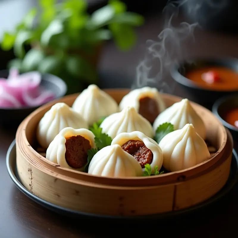 Bao buns veganos al vapor con relleno de seitán al hoisin, servidos en una vaporera de bambú sobre papel de horno. Los buns son esponjosos y brillantes, abiertos por la mitad para mostrar el relleno jugoso de seitán, cebolla morada y pimiento rojo, decorados con semillas de sésamo y cilantro fresco.