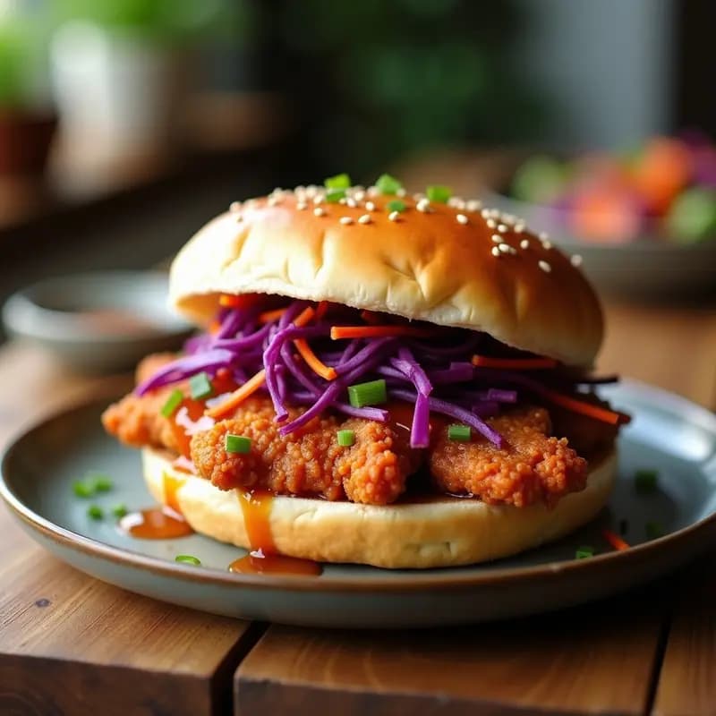 BWK (Bao Burger) de pollo crujiente dorado en airfryer, montado con ensalada de repollo morado, zanahoria y cebolla morada, sobre buna de bao suave, decorado con cilantro y semillas de sésamo. Receta china moderna y vibrante.