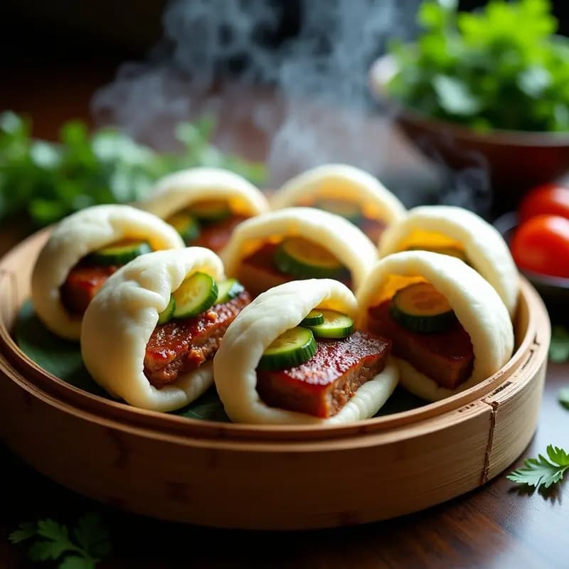 Bao de cerdo asado y encurtidos de pepino al vapor, servidos en vaporera de bambú con cilantro fresco, receta china jugosa y tradicional.