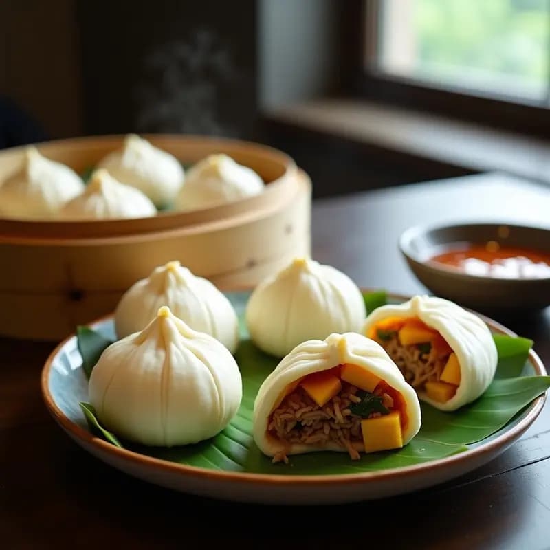 Bao de cerdo asado y mango con hoja de loto servidos en una vaporera de bambú, con la masa esponjosa y dorada, rellenos de cerdo caramelizado y cubos de mango amarillo. La hoja de loto asoma por los laterales, añadiendo un toque verde y aromático. Plato típico de Dim Sum chino.