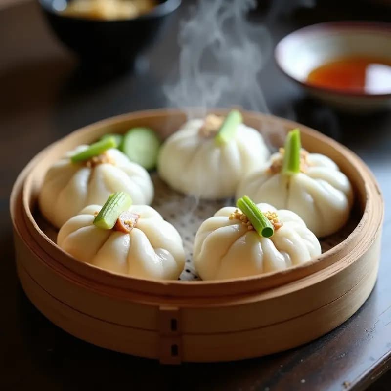 Plato blanco con bao de cerdo asado y pepino al vapor, panes chinos esponjosos con relleno jugoso, decorados con semillas de sésamo y servidos en vaporera de bambú.