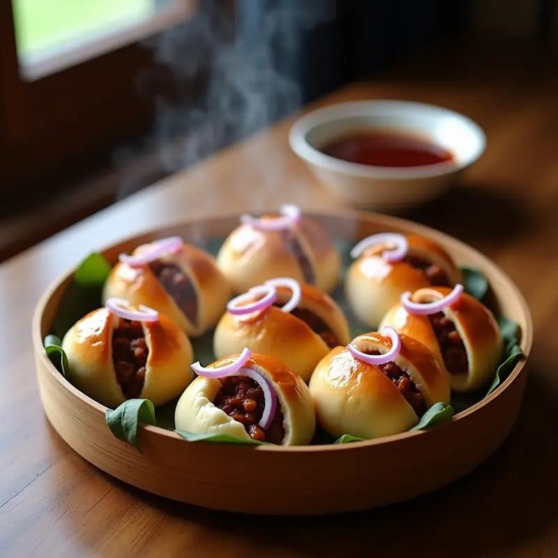 Plato de bambú con bao de cerdo desmenuzado con salsa barbacoa al vapor, masa esponjosa y brillante, rellenos jugosos con trozos de cebolla morada, servidos sobre hojas verdes con un fondo de vapor difuminado.