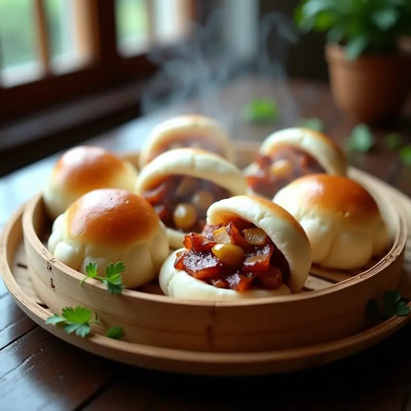 Bao de cerdo BBQ al vapor con masa esponjosa y brillo dorado, rellenos de cerdo caramelizado y encurtidos de rábano daikon blanco, servidos en una vaporera de bamboo sobre mesa de madera oscura.