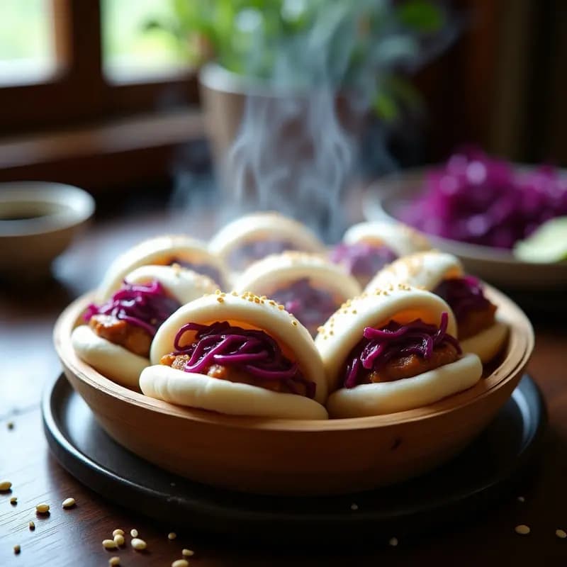Plato de bao al vapor rellenos de cerdo desmenuzado jugoso y col morada marinada, servidos en una vaporera de bambú sobre fondo oscuro, receta china tradicional en olla rápida.