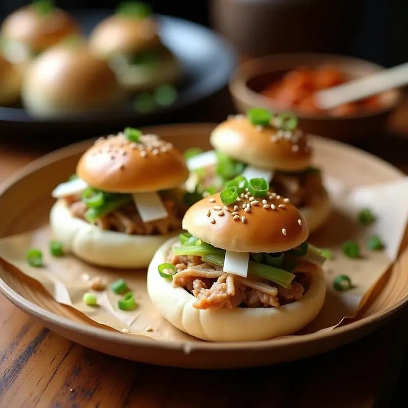 Bao de cerdo desmenuzado con encurtidos de rábano daikon al vapor, servidos en una vaporera de bambú con semillas de sésamo y cebolla verde. Receta china gourmet al vapor con masa esponjosa y relleno jugoso.