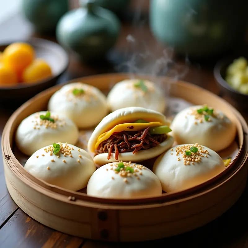 Bao al vapor chinos esponjosos rellenos de cerdo desmenuzado marinado y pepino encurtido, decorados con semillas de sésamo y cebolla verde, servidos en papel de horno sobre una vaporera de bambú.