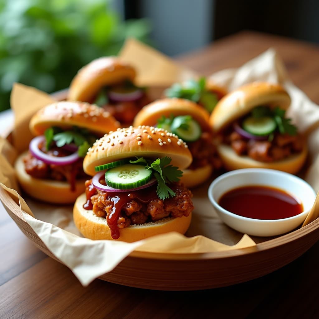 Bao de cerdo pulled con salsa hoisin y pepino en airfryer: bollos esponjosos dorados rellenos de cerdo desmenuzado brillante, pepino fresco en juliana, cebolla morada y cilantro, espolvoreados con semillas de sésamo sobre papel de horno.