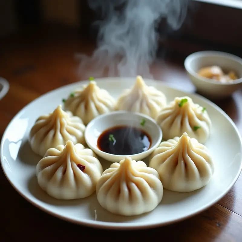Bao de cerdo al vapor con masa de harina de arroz en Thermomix, servidos sobre hojas de lechuga y espolvoreados con semillas de sésamo, receta china sin gluten.