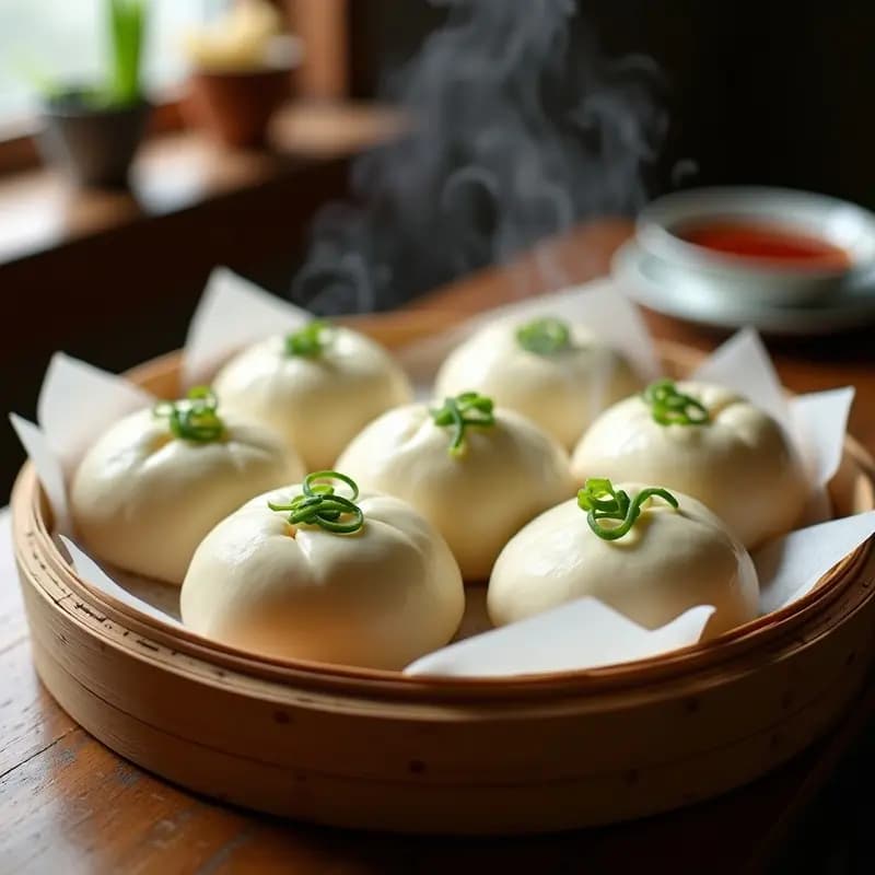 Bao Chino al Vapor Relleno de Cerdo y Cebollino servidos en una vaporera de bambú, con masa esponjosa y relleno jugoso. Decorados con ramitas de cebollino fresco sobre un fondo de madera oscura.