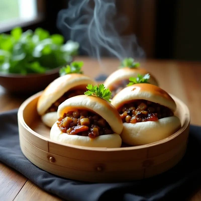 Bao veganos al vapor en vaporera de bambú, con masa esponjosa y relleno de hongos portobello y cebolla caramelizada, decorados con cilantro fresco.