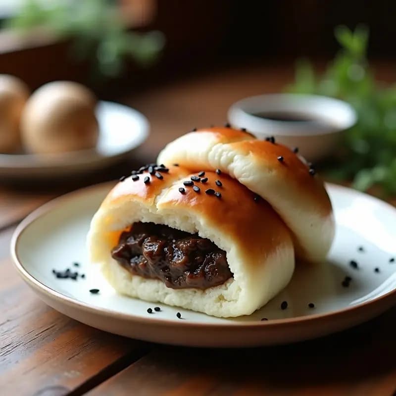 Bao dorados y esponjosos rellenos de paté cremoso de hongos shiitake y trufa negra, servidos en una fuente de bambú con salsa de soja y láminas de trufa negra como decoración, receta china de lujo en airfryer.