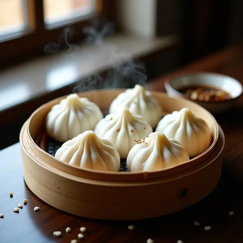 Plato blanco con bao de hongos shitake y tofu al vapor, masa esponjosa rellena de mezcla dorada de shitake y tofu, decorados con semillas de sésamo y cebollino, sobre fondo de madera oscura con vapor visible.