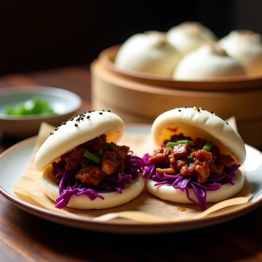 Bao de jackfruit barbacoa veganos al vapor, abiertos mostrando relleno de jackfruit desmenuzado glaseado y col morada fermentada, decorados con semillas de sésamo negro y cebollino, servidos en una vaporera de bambú sobre fondo oscuro.