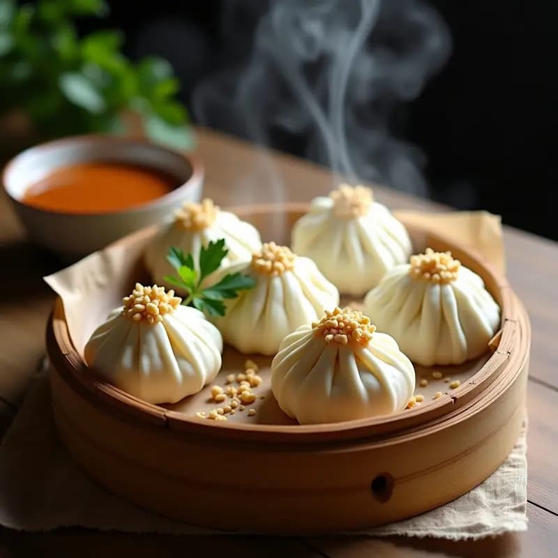 Bao veganos de jackfruit y cacahuete al vapor, con masa esponjosa y relleno jugoso, servidos en una vaporera de bambú con salsa satay cremosa, cacahuetes picados y cilantro fresco. Receta china vegana alta en proteína.