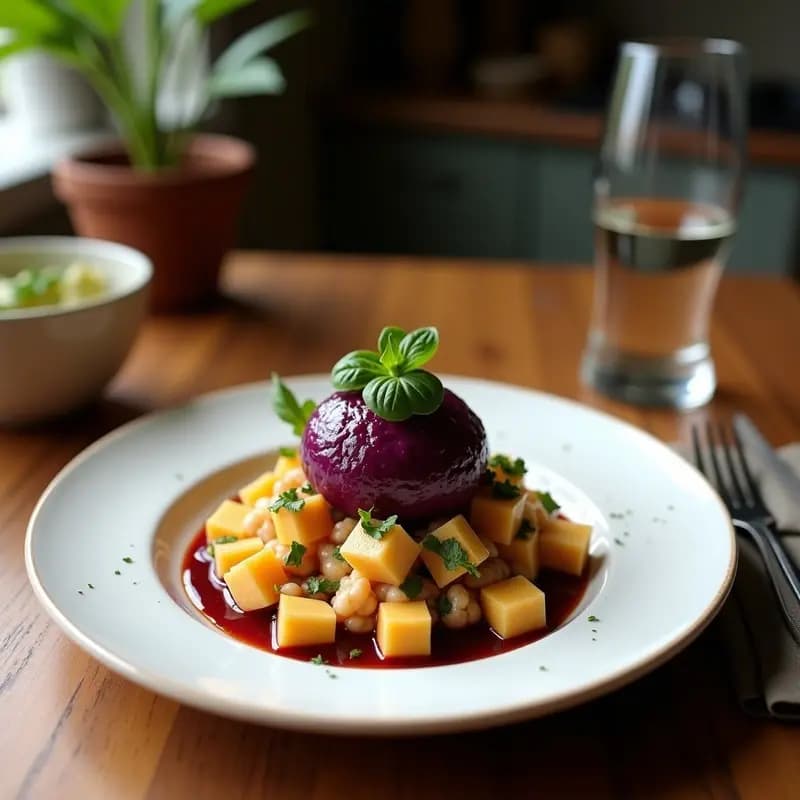 Bao vegano de jackfruit y col morada al vapor servidos en una vaporera de bambú, con masa esponjosa y relleno jugoso de jackfruit desmenuzado y col morada vibrante, espolvoreados con semillas de sésamo.