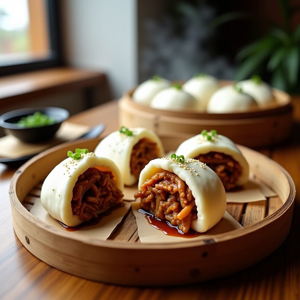 Bao vegano al vapor relleno de jackfruit desmenuzado bañado en salsa teriyaki brillante, decorado con cebollino y semillas de sésamo, servido en vaporera de bambú con fondo borroso.