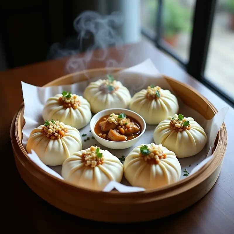 Bao de pollo y cacahuete al vapor sobre papel de hornear, con masa esponjosa y relleno jugoso de pollo en salsa de cacahuete, decorado con cilantro fresco y cacahuetes picados, receta china alta en proteína.
