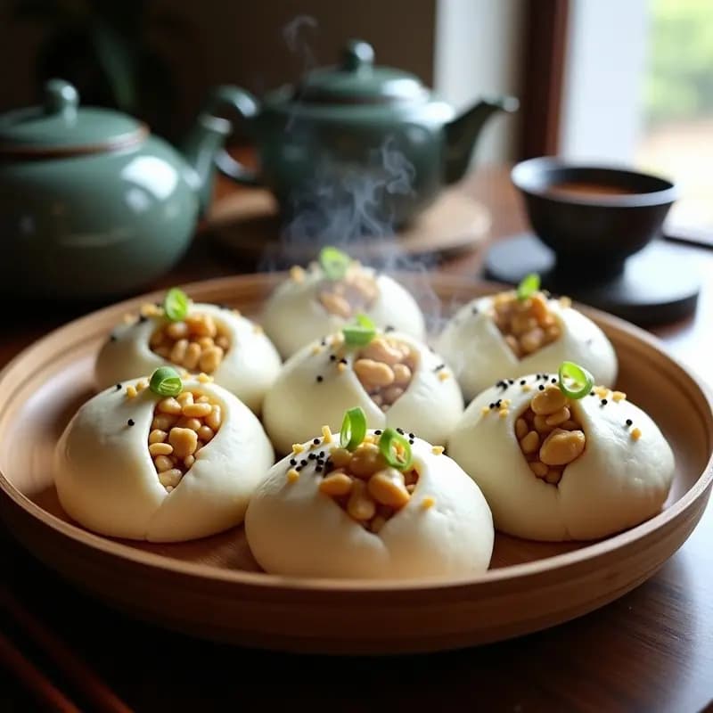 Bao de pollo y cacahuetes al vapor con toque de sésamo servidos en una bandeja de bambú, con bollos esponjosos rellenos de pollo marinado y cacahuetes tostados, espolvoreados con semillas de sésamo negro y cebollino fresco picado.