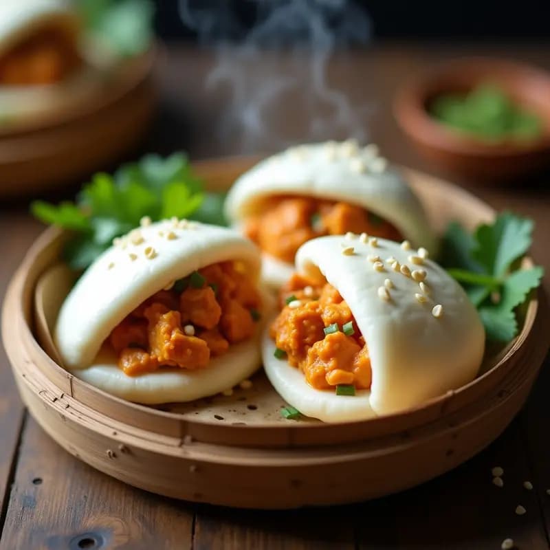 Bao al vapor tailandés relleno de pollo al curry rojo con cacahuetes tostados, servido en una vaporera de bambú con hojas de cilantro y salsa de leche de coco al lado.