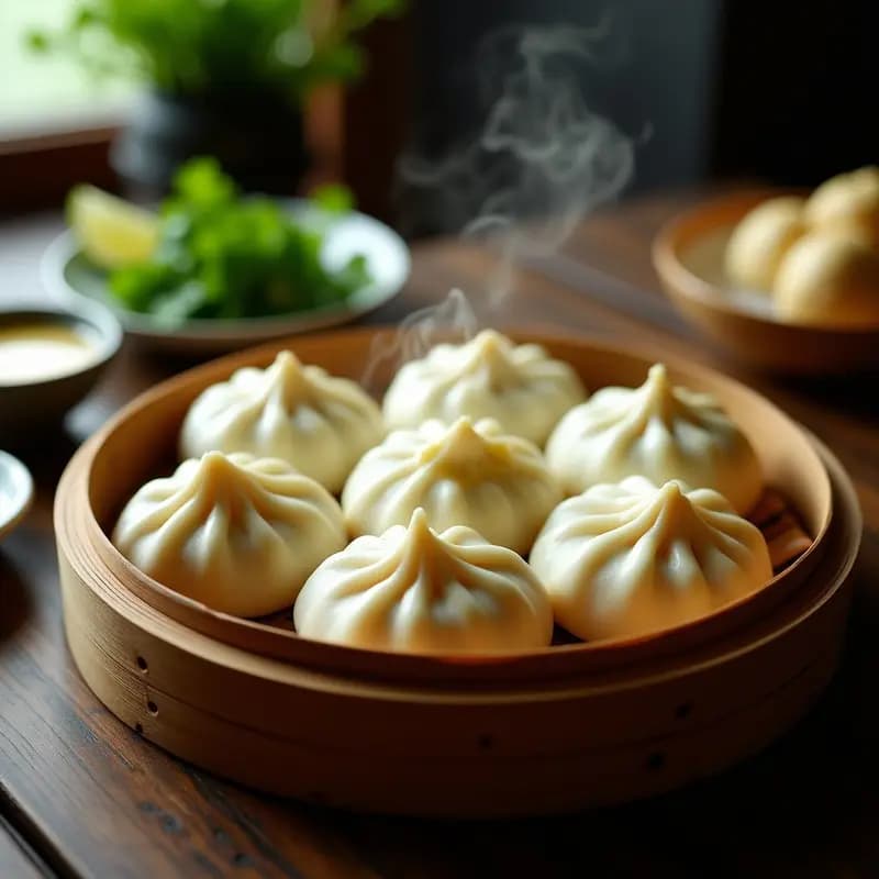 Bao al vapor esponjosos y brillantes rellenos de pollo al curry verde y cacahuetes, servidos en una vaporera de bambú con rodajas de lima y hierbas frescas alrededor. Receta china auténtica en olla rápida.