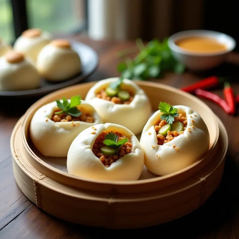 Bao al vapor abiertos mostrando relleno de pollo al satay con salsa cremosa de cacahuete, pepino en juliana y cebolla morada, servidos en una olla de bambú tradicional con vapor visible.