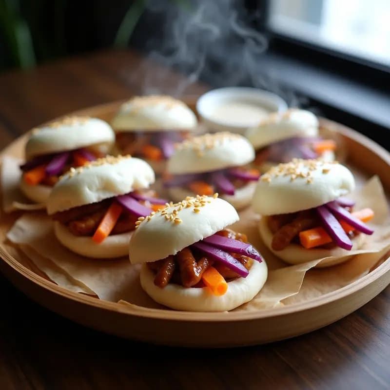 Bao de pollo teriyaki al vapor en vaporera de bambú, con masa esponjosa y relleno jugoso de pollo glaseado, acompañados de encurtidos de rábano daikon y zanahoria en juliana, decorados con semillas de sésamo y cebollino fresco.