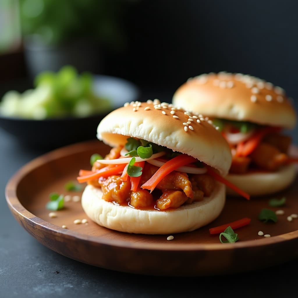 Bao de pollo teriyaki y kimchi fermentado servidos en un plato de madera, con relleno jugoso y semillas de sésamo espolvoreadas, receta fusion coreana en olla exprés.