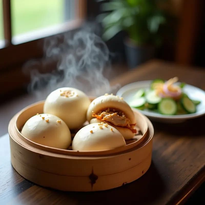 Plato blanco con bao de pollo teriyaki al vapor, panes esponjosos rellenos de pollo brillante con salsa teriyaki, acompañados de ensalada de pepino fresco con cebolla morada y semillas de sésamo, servidos en vaporera de bambú.