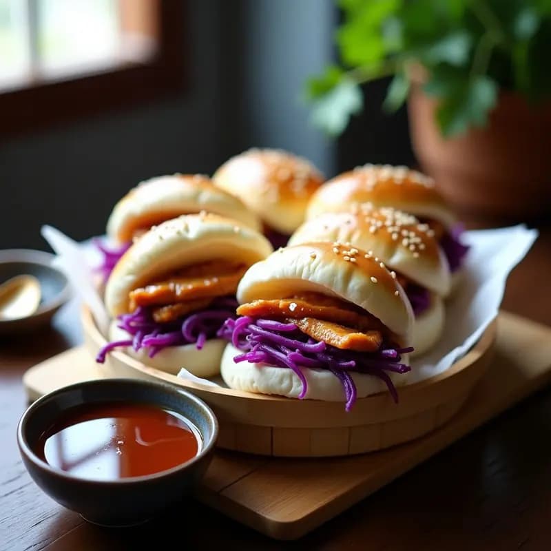 Plato de bao buns al vapor rellenos de pollo teriyaki glaseado y repollo morado vibrante, servidos en una vaporera de bambú con semillas de sésamo espolvoreadas y salsa teriyaki brillante, receta china en olla exprés.