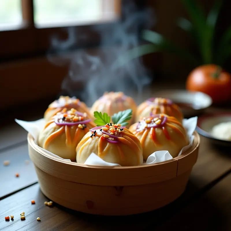 Bao de pollo teriyaki al vapor con masa dorada de harina de trigo sarraceno, rellenos de pollo jugoso, cebolla morada y pimiento rojo, decorados con semillas de sésamo negro sobre fondo de madera oscura.