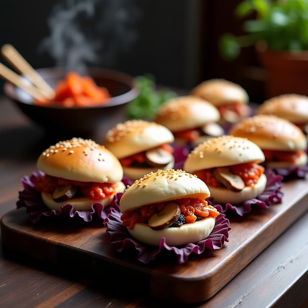 Bao vegano al vapor relleno de hongos Portobello y kimchi, con semillas de sésamo y cilantro fresco, servido en plato de bambú sobre fondo oscuro.
