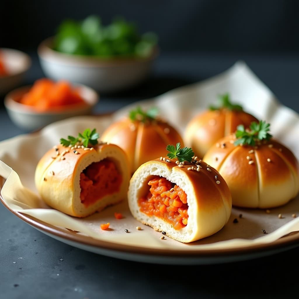Bao de tofu fermentado y kimchi dorados en airfryer, con textura esponjosa y relleno jugoso. Decorados con semillas de sésamo y perejil fresco sobre papel de horno.