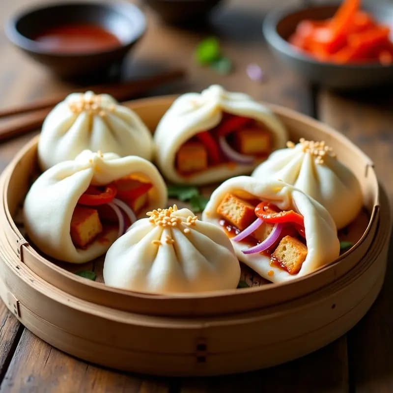 Bao al vapor chinos veganos rellenos de tofu teriyaki y pimiento rojo asado, servidos en una vaporera de bambú con semillas de sésamo y cebolla morada. Plato colorido y apetitoso con textura esponjosa.