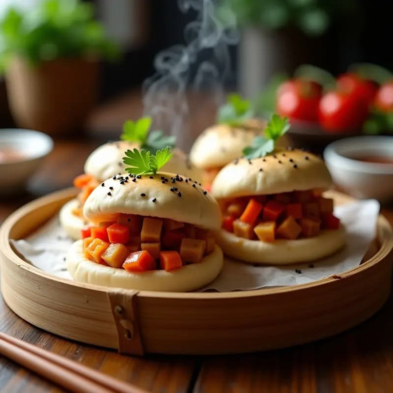 Bao al vapor recién hecho con relleno jugoso de pollo teriyaki, zanahoria y pimiento rojo, decorado con semillas de sésamo negro y cilantro fresco sobre una vaporera de bambú tradicional.