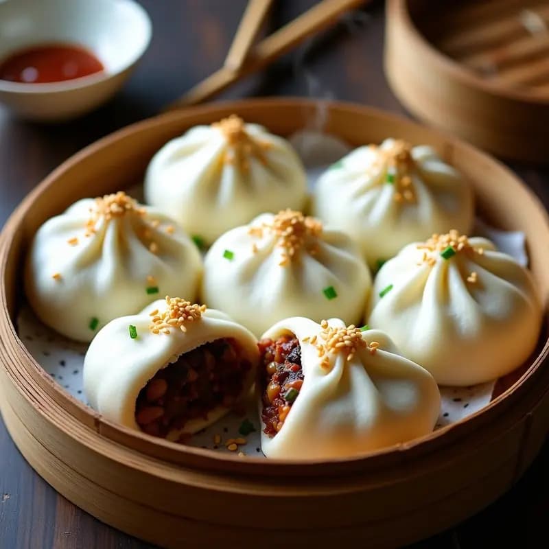 Plato blanco con seis bao veganos al vapor, rellenos de berenjena ahumada y salsa hoisin, decorados con cebollino fresco y pimienta de Sichuan, sobre fondo de madera oscura.
