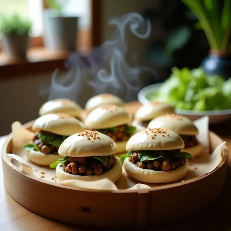 Bao veganos al vapor rellenos de champiñones y lechuga, con semillas de sésamo tostadas. Bollos chinos esponjosos y brillantes sobre papel de hornear en vaporera de bambú.
