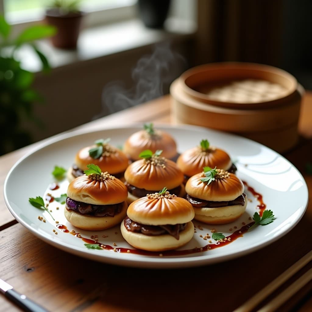 Bao vegano al vapor dorado y esponjoso relleno de champiñones shiitake y cebolla morada, servido en plato de cerámica blanca con salsa hoisin y semillas de sésamo, receta china en airfryer.