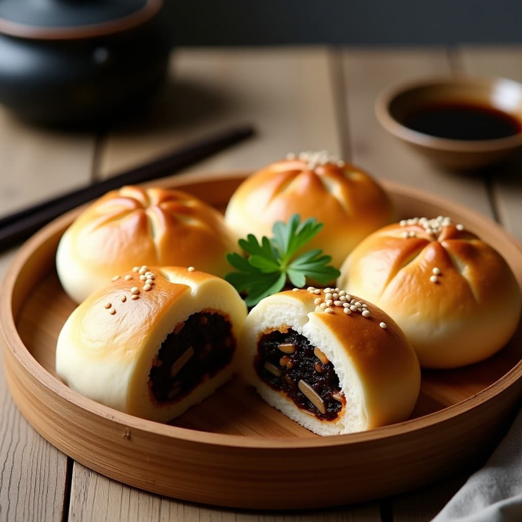 Bao veganos al vapor de champiñones negros y miso, dorados y esponjosos, servidos en una bandeja de bambú con semillas de sésamo y cilantro fresco. Receta china sin gluten en airfryer.