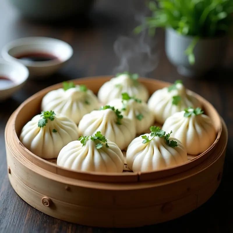 Plato blanco con bao veganos al vapor rellenos de hongos shiitake y puerro, servidos sobre hoja de lechuga y acompañados de salsa de soja. Los panecillos son esponjosos, con pliegues perfectos y un relleno jugoso y dorado.