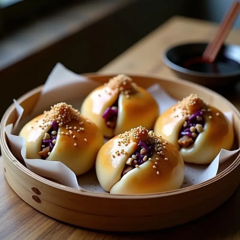 Bao veganos dorados y esponjosos rellenos de hongos shiitake y repollo morado, servidos en una canasta de bambú sobre una mesa de madera oscura, con salsa de tamari al lado.