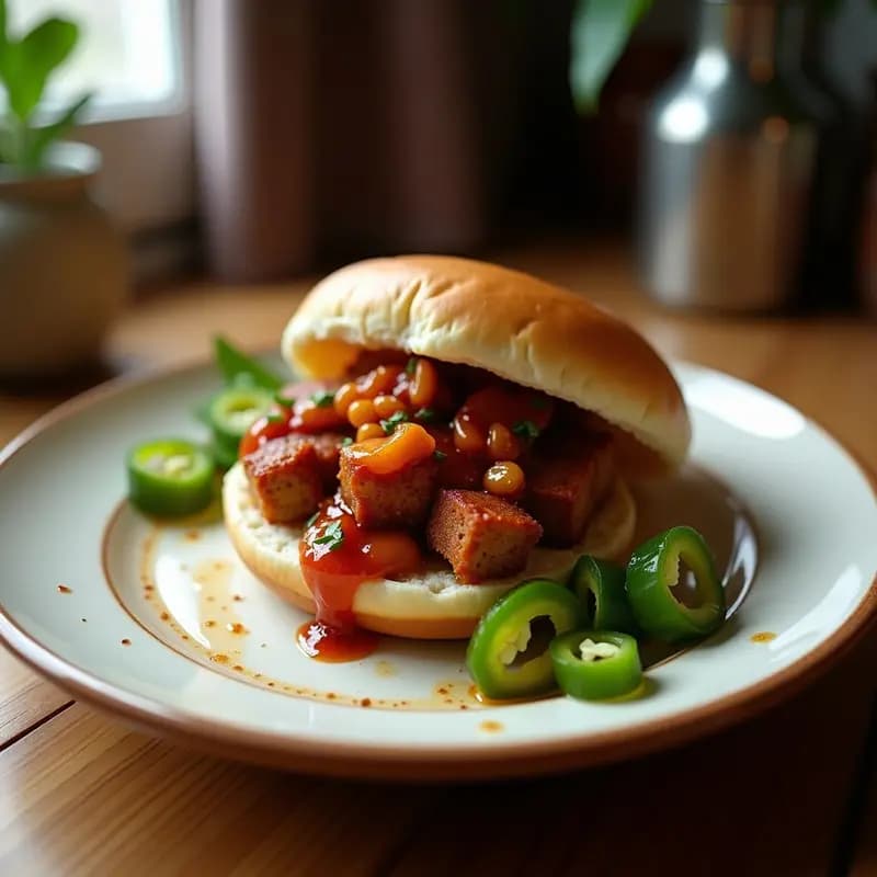 Bao veganos de jackfruit BBQ y pepino encurtido al vapor, servidos en una vaporera de bambú sobre mesa de madera. Los bao tienen una masa blanca y esponjosa, rellenos de jackfruit desmenuzado brillante con salsa BBQ y tiras de pepino encurtido verde. Decorados con semillas de sésamo, cebollino picado y hojas de cilantro fresco.