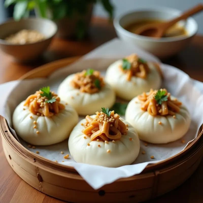 Bao veganos al vapor con masa dorada de coliflor, rellenos de jackfruit desmenuzado y salsa de cacahuete, decorados con semillas de sésamo negro y hojas de lechuga morada. Receta china baja en carbohidratos y alta en proteínas.