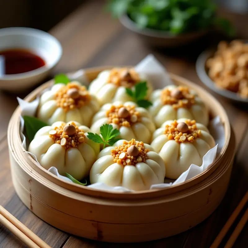 Bao veganos al vapor rellenos de jackfruit desmenuzado y cacahuetes tostados, con masa dorada y brillante. Servidos en una vaporera de bambú sobre fondo oscuro, decorados con cilantro fresco y pimienta de Sichuan.