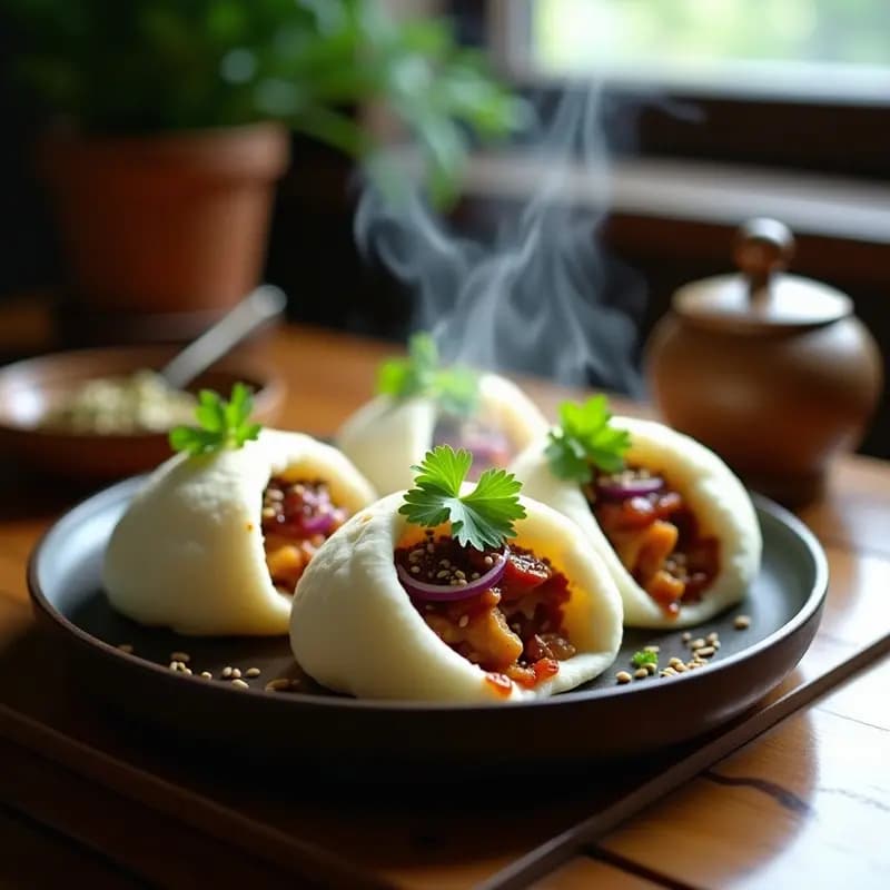 Bao vegano al vapor relleno de jackfruit desmenuzado y cebolla caramelizada brillante, decorado con cilantro fresco y semillas de sésamo, servido en plato de bambú sobre fondo oscuro.
