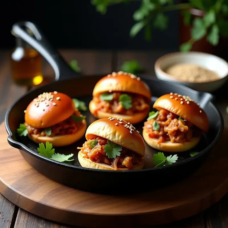 Bao vegano crujiente dorado en sartén, relleno de jackfruit desmenuzado y cebolla morada caramelizada, decorado con cilantro fresco y semillas de sésamo. Plato presentando la receta china crujiente y sin carne.