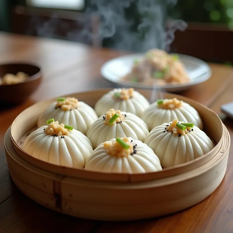 Bao veganos de jackfruit y cebollino al vapor con masas de arroz, dispuestos en una vaporera de bambú sobre papel de hornear. Los bao tienen una textura esponjosa y brillante, rellenos de jackfruit desmenuzado y cebollino fresco, espolvoreados con semillas de sésamo negro.