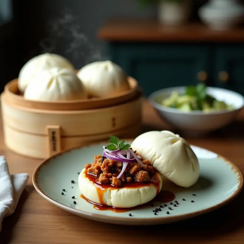 Bao vegano de jackfruit adobado al vapor en steamer de bambú, abierto por la mitad y relleno de jackfruit desmenuzado con especias ahumadas, acompañado de ensalada de pepino Persia en juliana con semillas de sésamo y cilantro, servido en plato de cerámica negra.